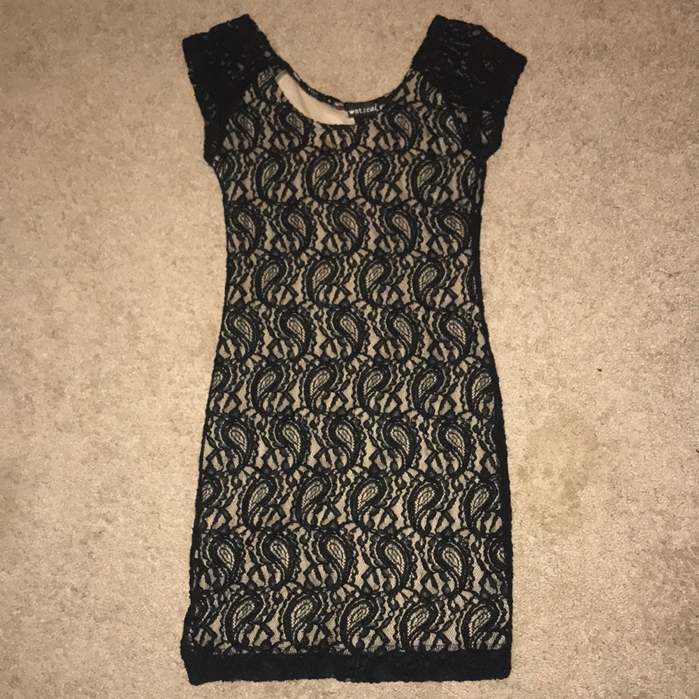 Black lace body con dress